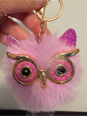 Pink Fuzzy Owl Keychain Bag Charm